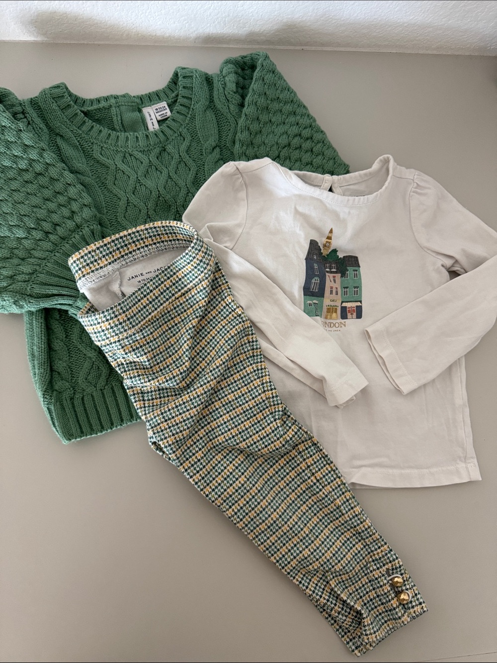 Janie and Jack Green Cable Knit Sweater Set with Cream Top and Multi Tweed Pants